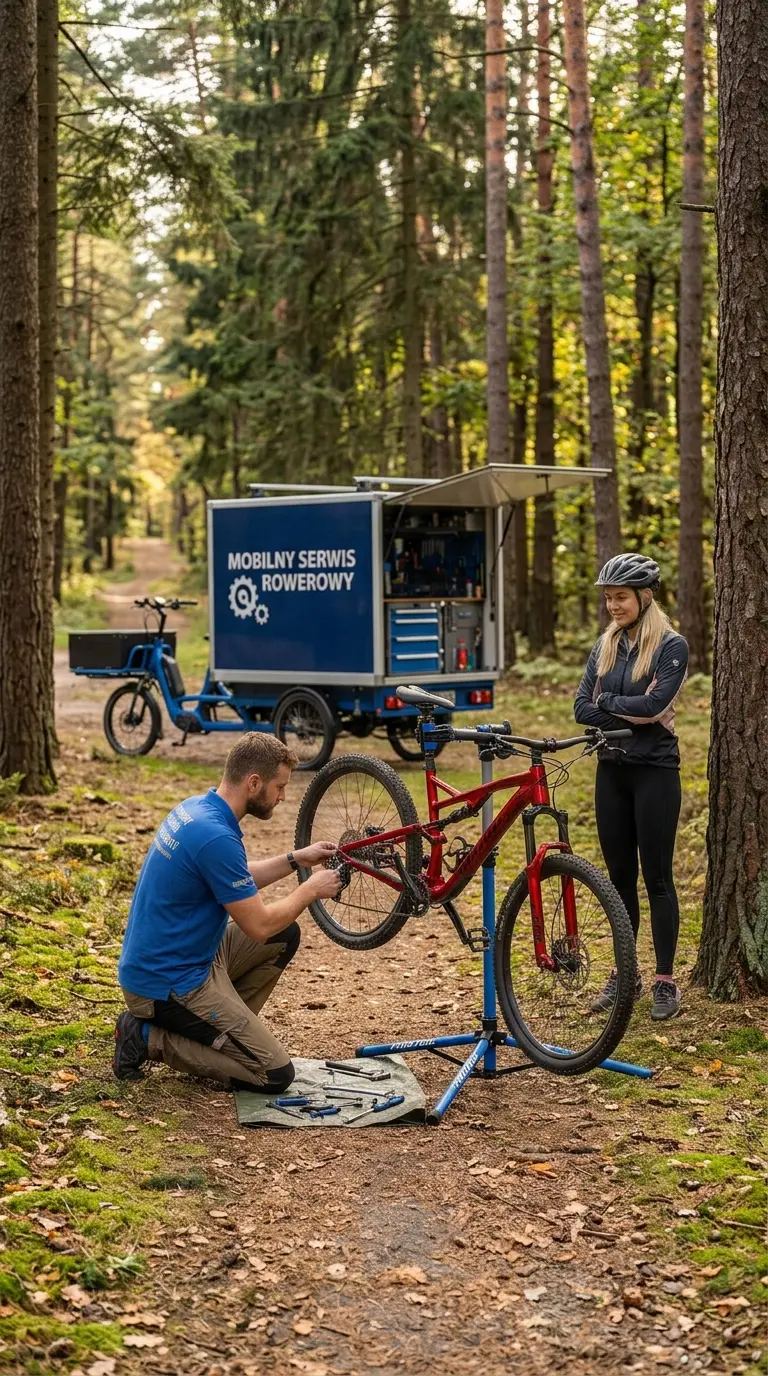 Mechanik mobilnego serwisu rowerowego naprawia rower górski na leśnym szlaku